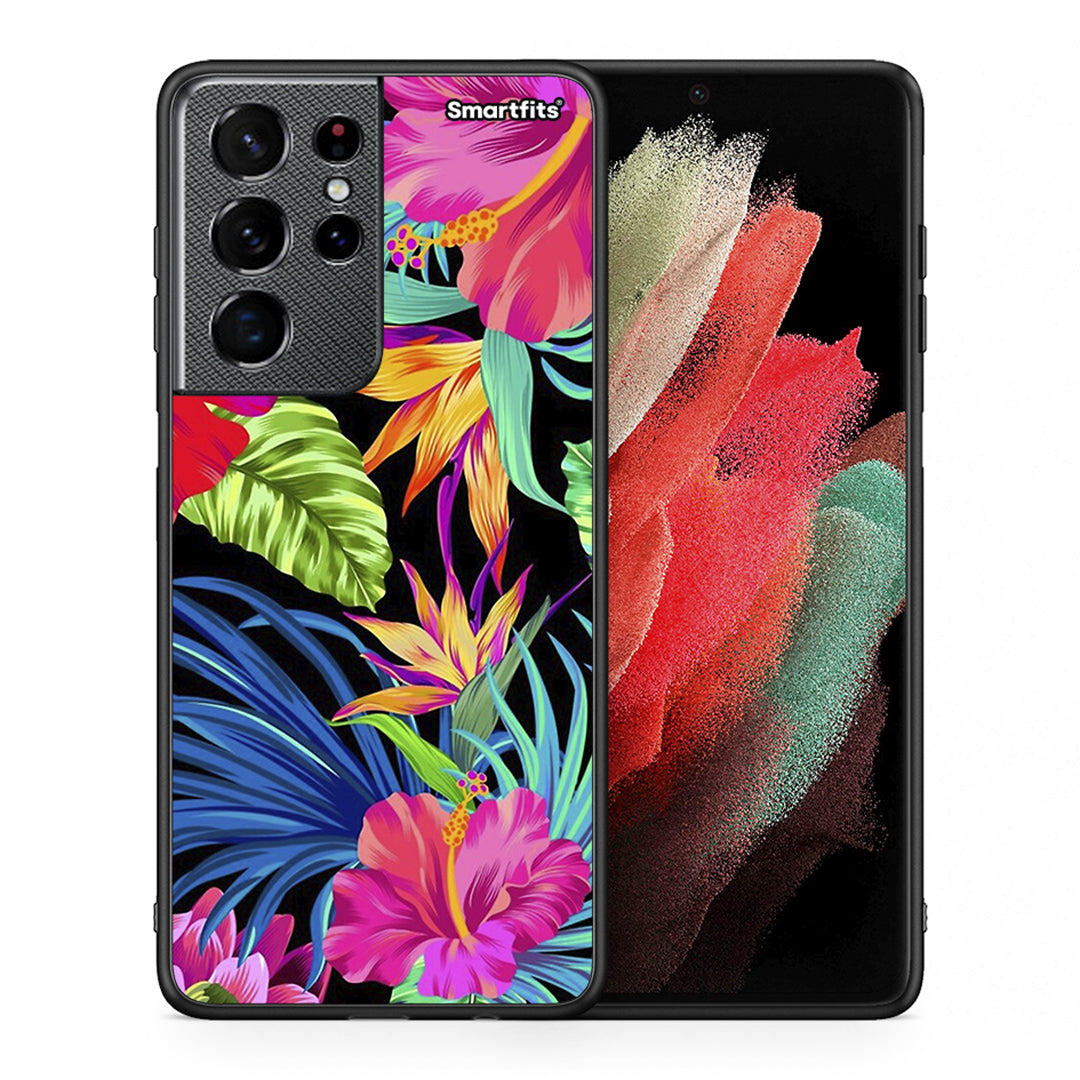 Θήκη Samsung S21 Ultra Tropical Flowers από τη Smartfits με σχέδιο στο πίσω μέρος και μαύρο περίβλημα | Samsung S21 Ultra Tropical Flowers case with colorful back and black bezels