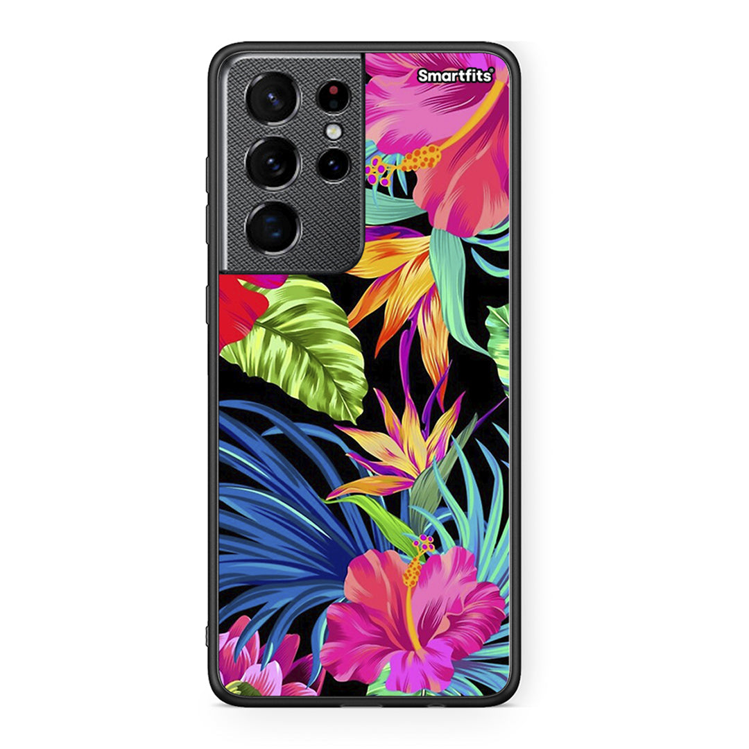 Samsung S21 Ultra Tropical Flowers θήκη από τη Smartfits με σχέδιο στο πίσω μέρος και μαύρο περίβλημα | Smartphone case with colorful back and black bezels by Smartfits