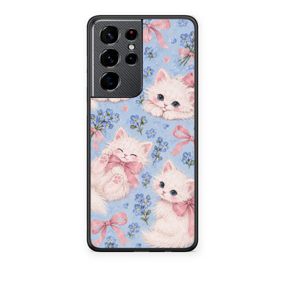Θήκη Samsung Galaxy S21 Ultra White Kittens and Blue Flowers Large από τη Smartfits με σχέδιο στο πίσω μέρος και μαύρο περίβλημα | Samsung Galaxy S21 Ultra White Kittens and Blue Flowers Large case with colorful back and black bezels
