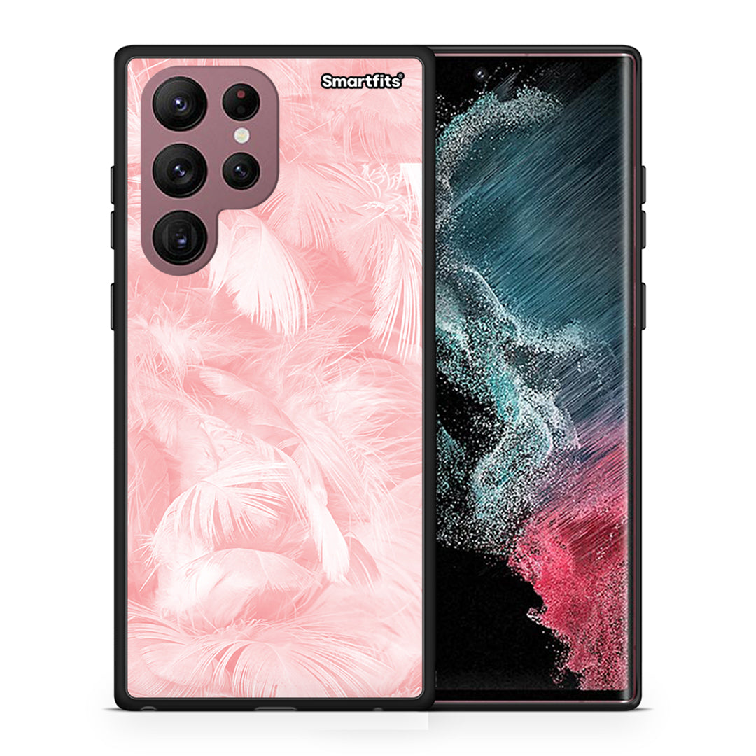 Θήκη Samsung S22 Ultra Pink Feather Boho από τη Smartfits με σχέδιο στο πίσω μέρος και μαύρο περίβλημα | Samsung S22 Ultra Pink Feather Boho case with colorful back and black bezels