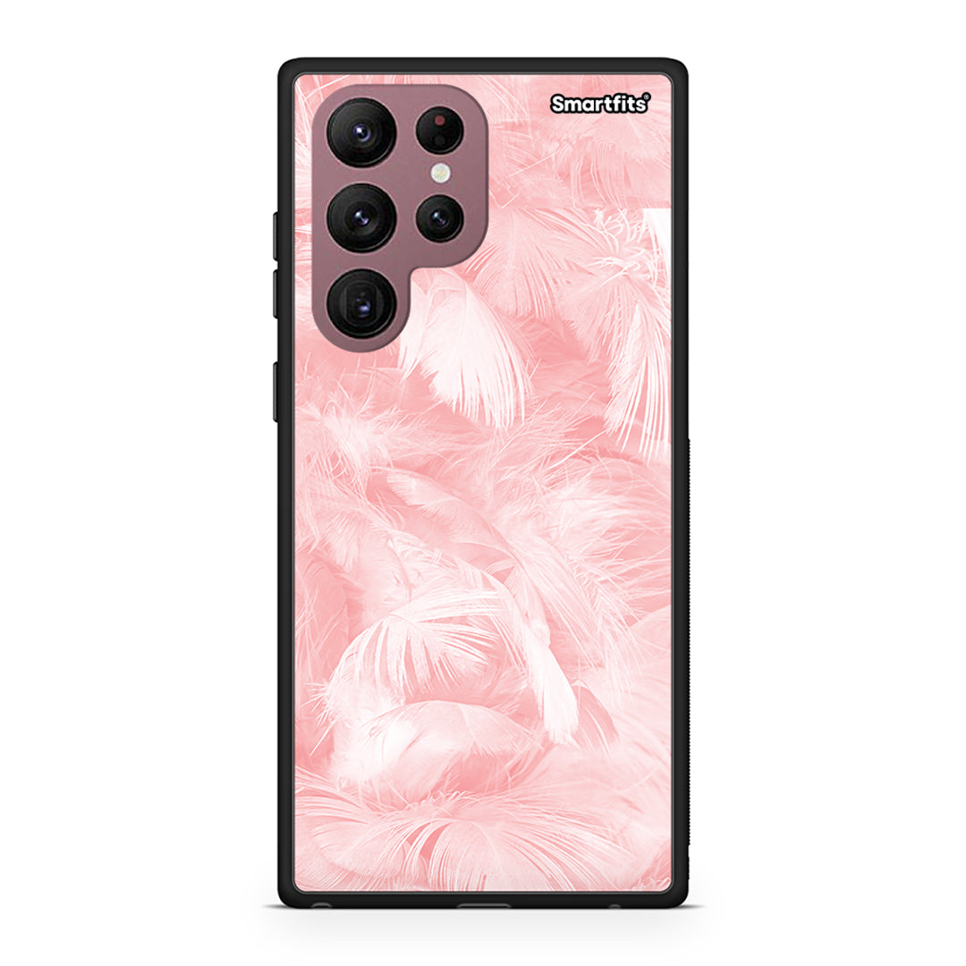 Samsung S22 Ultra Pink Feather Boho case, cover, bumper