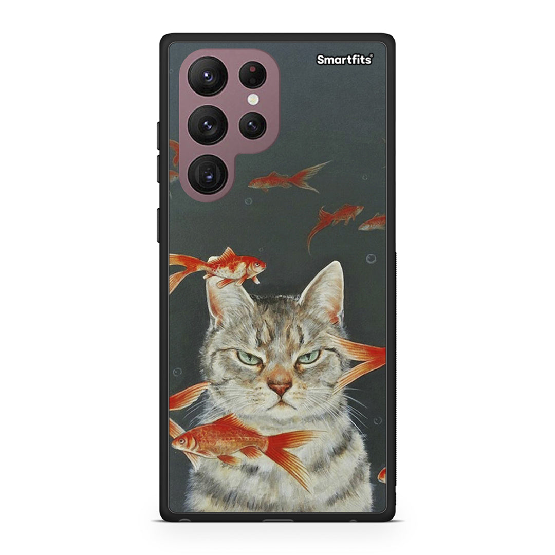 Samsung S22 Ultra Cat Goldfish θήκη από τη Smartfits με σχέδιο στο πίσω μέρος και μαύρο περίβλημα | Smartphone case with colorful back and black bezels by Smartfits