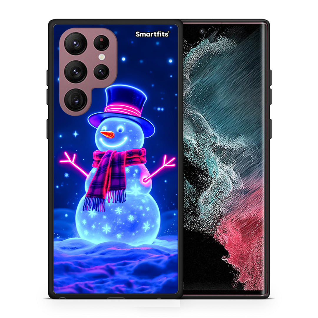 Θήκη Samsung S22 Ultra Christmas Neon Snowman από τη Smartfits με σχέδιο στο πίσω μέρος και μαύρο περίβλημα | Samsung S22 Ultra Christmas Neon Snowman case with colorful back and black bezels