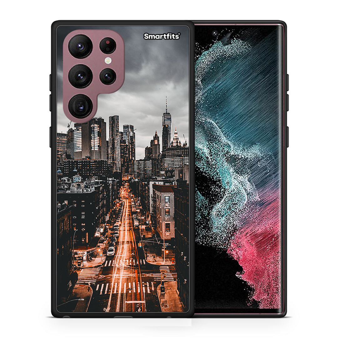 Θήκη Samsung S22 Ultra City Lights από τη Smartfits με σχέδιο στο πίσω μέρος και μαύρο περίβλημα | Samsung S22 Ultra City Lights case with colorful back and black bezels