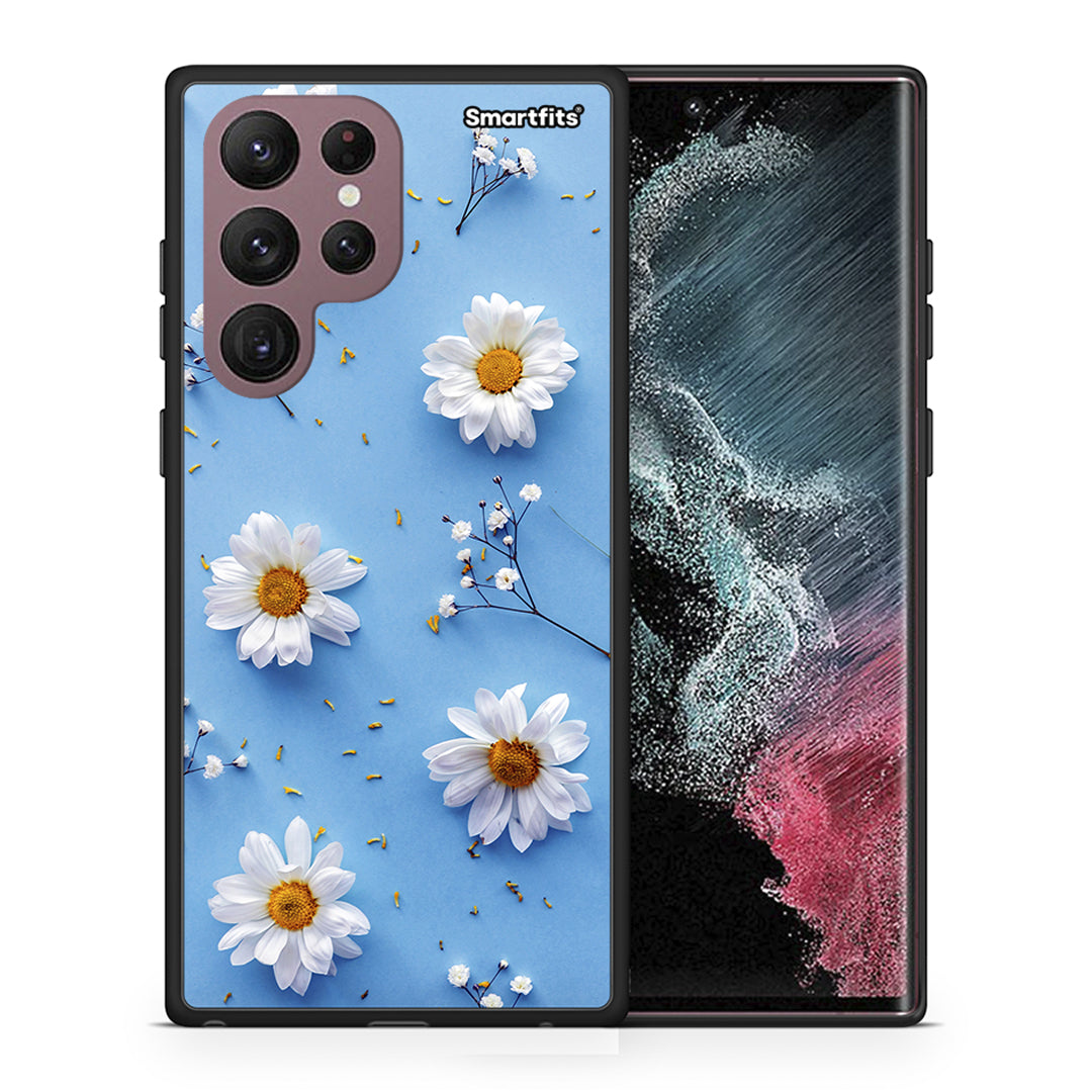 Θήκη Samsung S22 Ultra Real Daisies από τη Smartfits με σχέδιο στο πίσω μέρος και μαύρο περίβλημα | Samsung S22 Ultra Real Daisies case with colorful back and black bezels