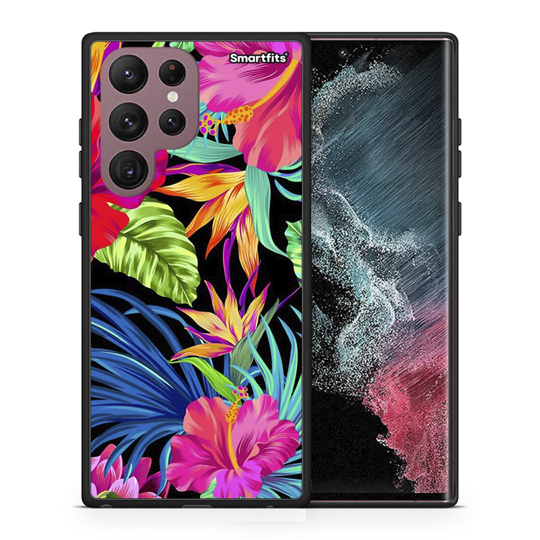 Θήκη Samsung S22 Ultra Tropical Flowers από τη Smartfits με σχέδιο στο πίσω μέρος και μαύρο περίβλημα | Samsung S22 Ultra Tropical Flowers case with colorful back and black bezels