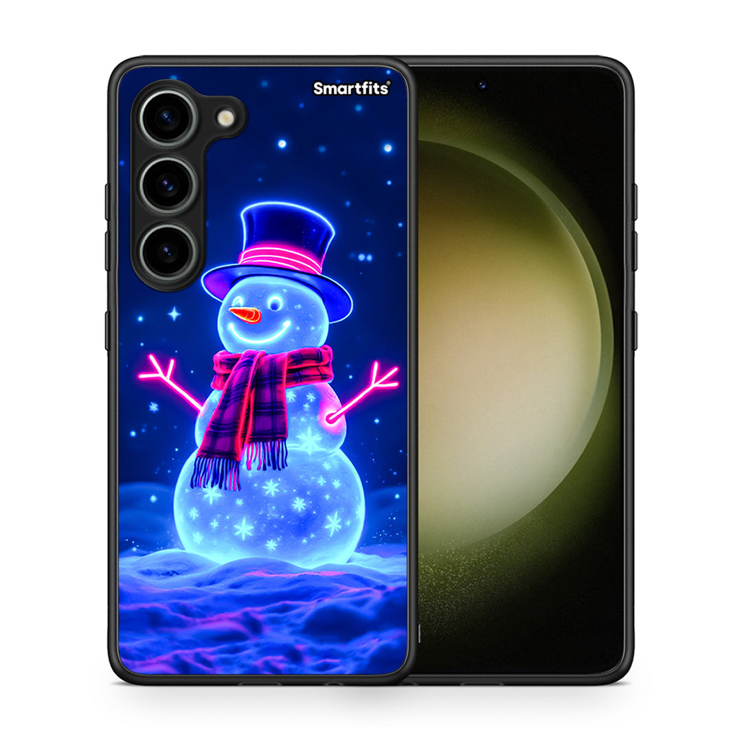 Θήκη Samsung Galaxy S23 Christmas Neon Snowman από τη Smartfits με σχέδιο στο πίσω μέρος και μαύρο περίβλημα | Samsung Galaxy S23 Christmas Neon Snowman Case with Colorful Back and Black Bezels