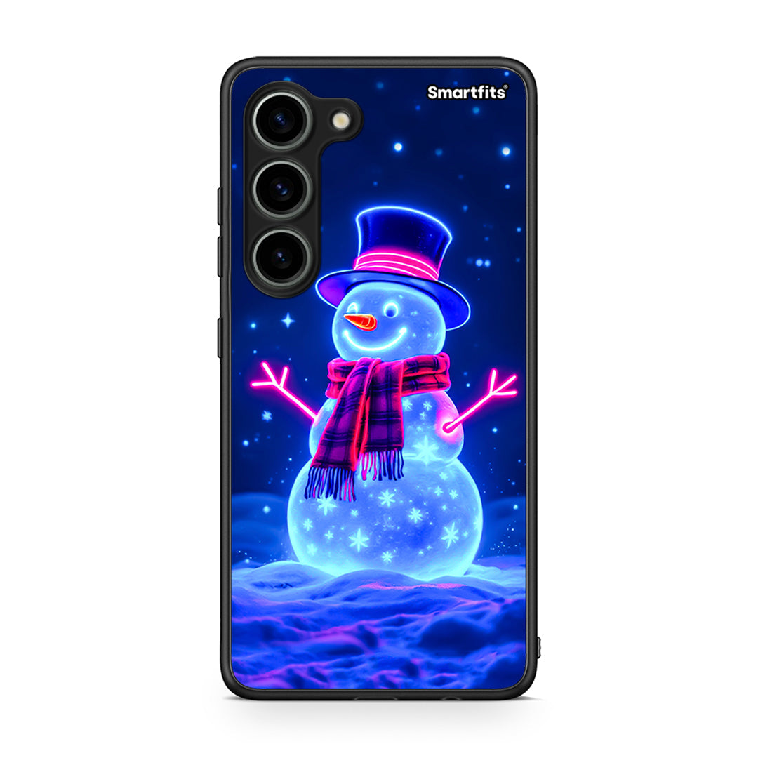 Θήκη Samsung Galaxy S23 Christmas Neon Snowman από τη Smartfits με σχέδιο στο πίσω μέρος και μαύρο περίβλημα | Samsung Galaxy S23 Christmas Neon Snowman Case with Colorful Back and Black Bezels