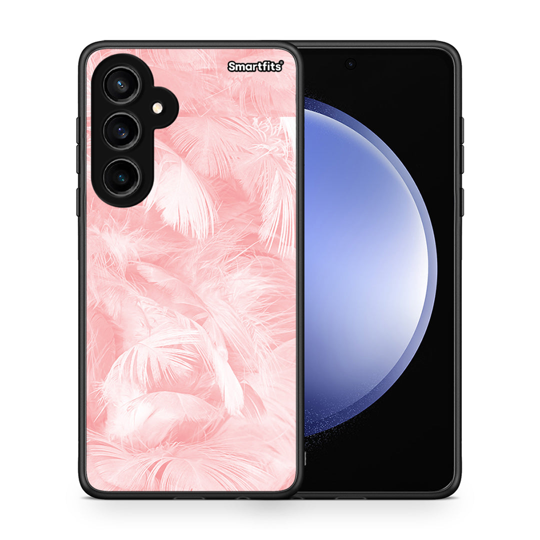 Θήκη Samsung Galaxy S23 FE Pink Feather Boho από τη Smartfits με σχέδιο στο πίσω μέρος και μαύρο περίβλημα | Samsung Galaxy S23 FE Pink Feather Boho case with colorful back and black bezels