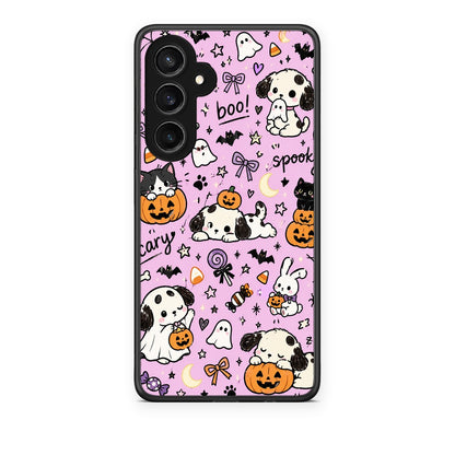 Θήκη Samsung Galaxy S23 FE Halloween Puppies and Friends on Lilac από τη Smartfits με σχέδιο στο πίσω μέρος και μαύρο περίβλημα | Samsung Galaxy S23 FE Halloween Puppies and Friends on Lilac case with colorful back and black bezels