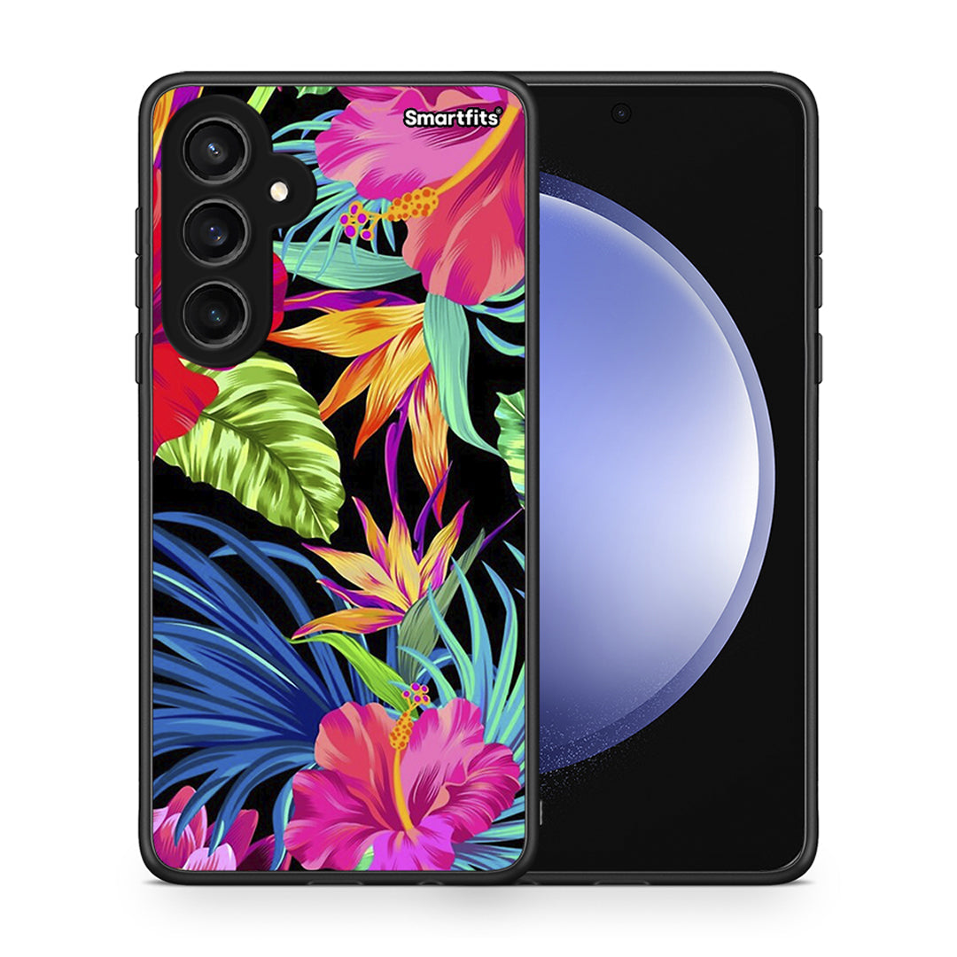 Θήκη Samsung Galaxy S23 FE Tropical Flowers από τη Smartfits με σχέδιο στο πίσω μέρος και μαύρο περίβλημα | Samsung Galaxy S23 FE Tropical Flowers case with colorful back and black bezels