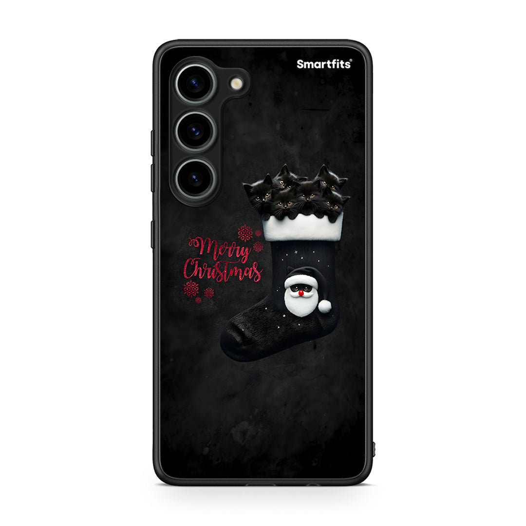 Θήκη Samsung Galaxy S23 Merry Cat Christmas από τη Smartfits με σχέδιο στο πίσω μέρος και μαύρο περίβλημα | Samsung Galaxy S23 Merry Cat Christmas Case with Colorful Back and Black Bezels
