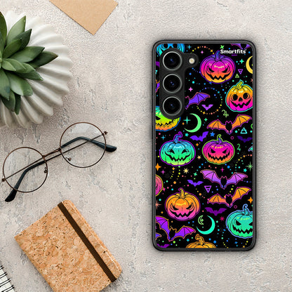 Θήκη Samsung Galaxy S23 Neon Halloween από τη Smartfits με σχέδιο στο πίσω μέρος και μαύρο περίβλημα | Samsung Galaxy S23 Neon Halloween Case with Colorful Back and Black Bezels