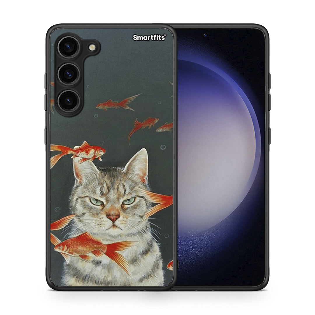 Θήκη Samsung Galaxy S23 Plus Cat Goldfish από τη Smartfits με σχέδιο στο πίσω μέρος και μαύρο περίβλημα | Samsung Galaxy S23 Plus Cat Goldfish Case with Colorful Back and Black Bezels