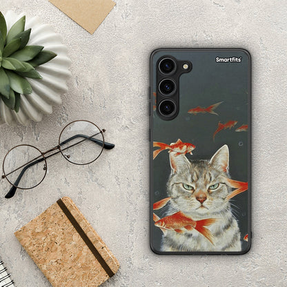 Θήκη Samsung Galaxy S23 Plus Cat Goldfish από τη Smartfits με σχέδιο στο πίσω μέρος και μαύρο περίβλημα | Samsung Galaxy S23 Plus Cat Goldfish Case with Colorful Back and Black Bezels