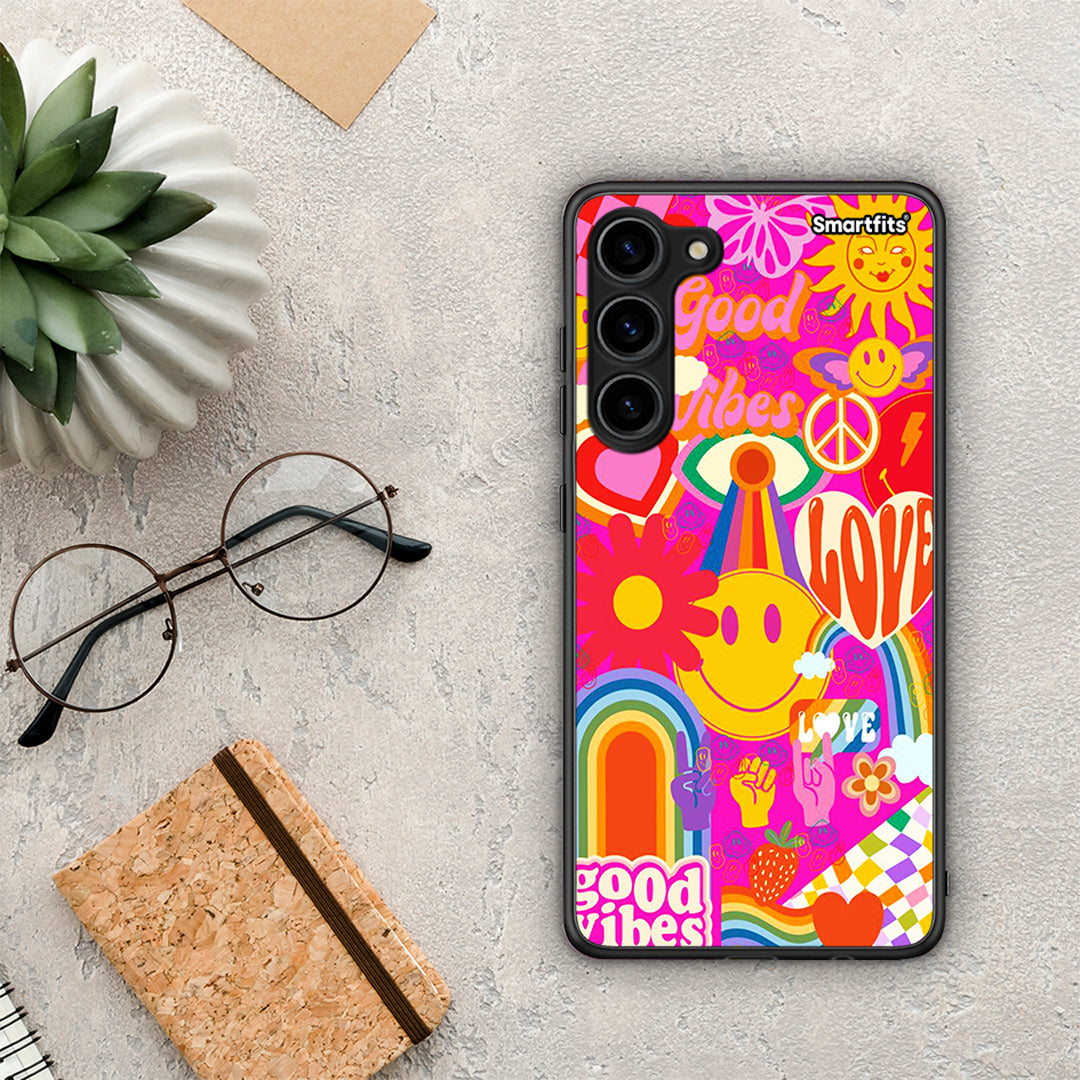 Θήκη Samsung Galaxy S23 Plus Hippie Love από τη Smartfits με σχέδιο στο πίσω μέρος και μαύρο περίβλημα | Samsung Galaxy S23 Plus Hippie Love Case with Colorful Back and Black Bezels