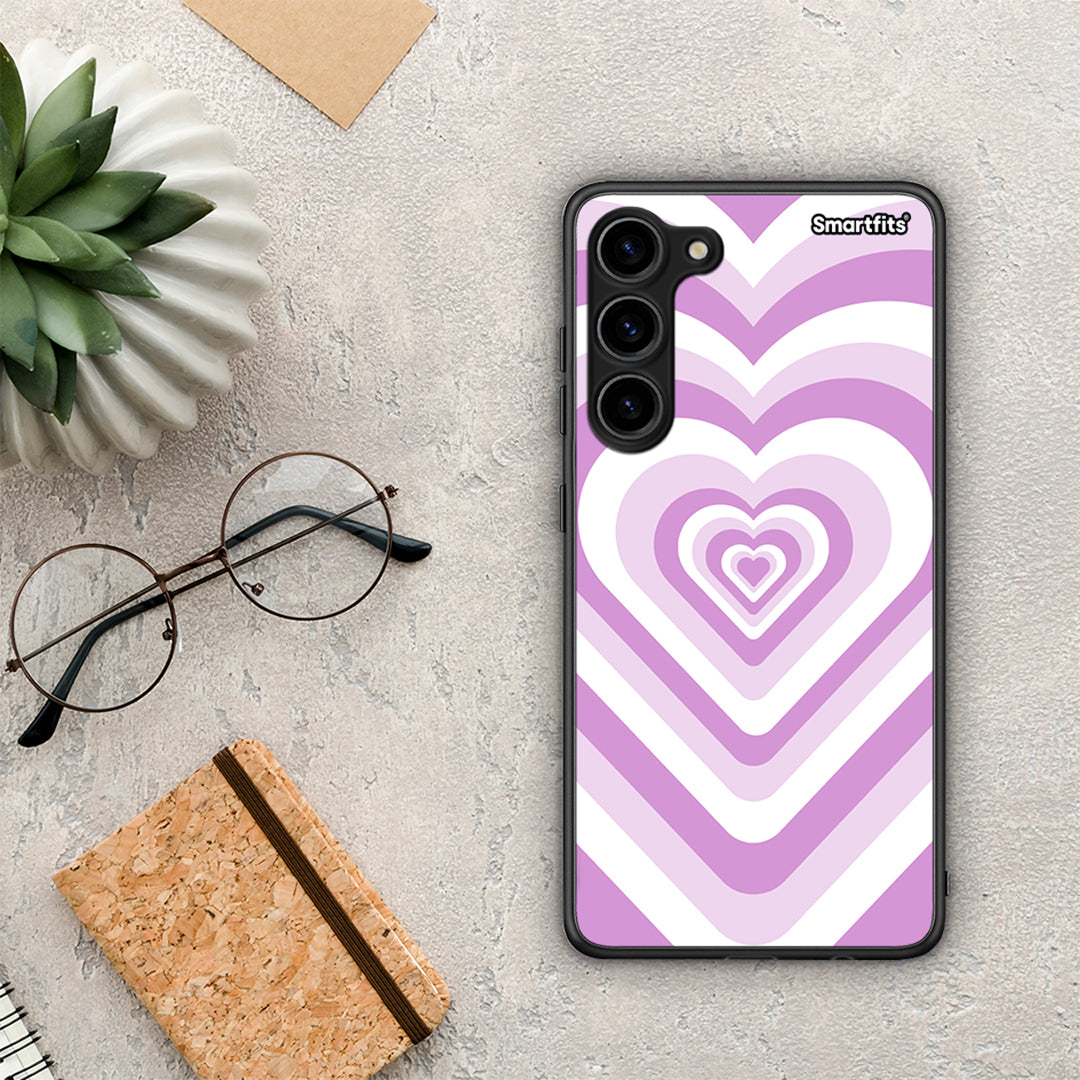 Θήκη Samsung Galaxy S23 Plus Lilac Hearts από τη Smartfits με σχέδιο στο πίσω μέρος και μαύρο περίβλημα | Samsung Galaxy S23 Plus Lilac Hearts Case with Colorful Back and Black Bezels