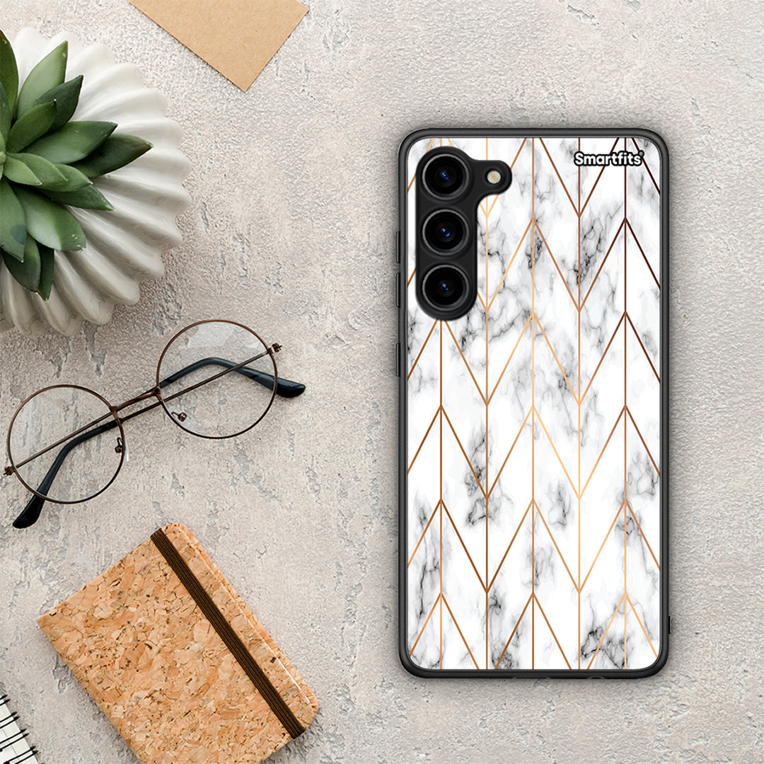 Θήκη Samsung Galaxy S23 Plus Marble Gold Geometric από τη Smartfits με σχέδιο στο πίσω μέρος και μαύρο περίβλημα | Samsung Galaxy S23 Plus Marble Gold Geometric Case with Colorful Back and Black Bezels