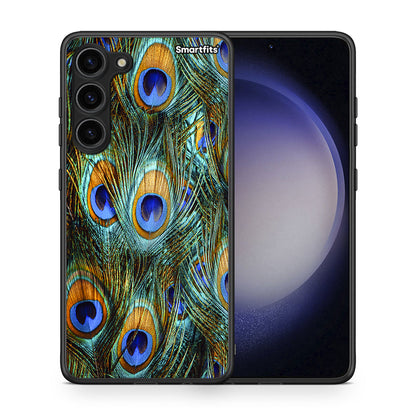 Θήκη Samsung Galaxy S23 Plus Real Peacock Feathers από τη Smartfits με σχέδιο στο πίσω μέρος και μαύρο περίβλημα | Samsung Galaxy S23 Plus Real Peacock Feathers Case with Colorful Back and Black Bezels