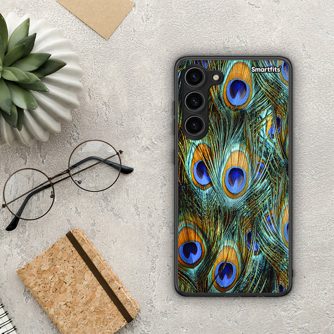 Θήκη Samsung Galaxy S23 Plus Real Peacock Feathers από τη Smartfits με σχέδιο στο πίσω μέρος και μαύρο περίβλημα | Samsung Galaxy S23 Plus Real Peacock Feathers Case with Colorful Back and Black Bezels