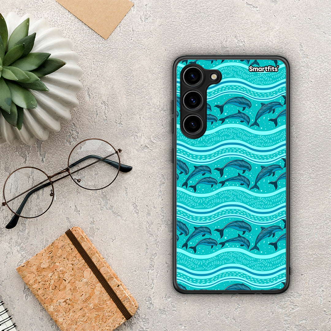 Θήκη Samsung Galaxy S23 Plus Swimming Dolphins από τη Smartfits με σχέδιο στο πίσω μέρος και μαύρο περίβλημα | Samsung Galaxy S23 Plus Swimming Dolphins Case with Colorful Back and Black Bezels