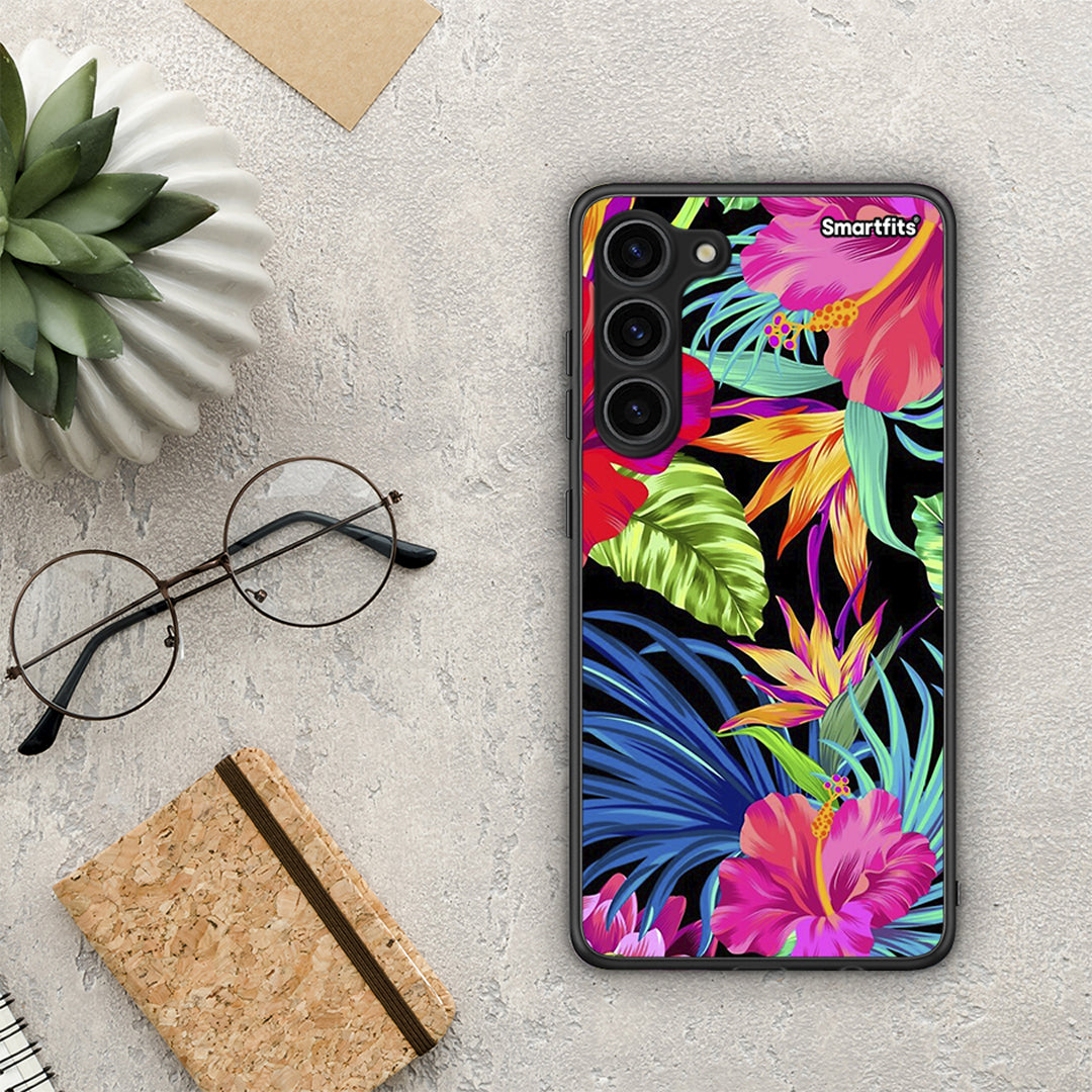 Θήκη Samsung Galaxy S23 Plus Tropical Flowers από τη Smartfits με σχέδιο στο πίσω μέρος και μαύρο περίβλημα | Samsung Galaxy S23 Plus Tropical Flowers Case with Colorful Back and Black Bezels