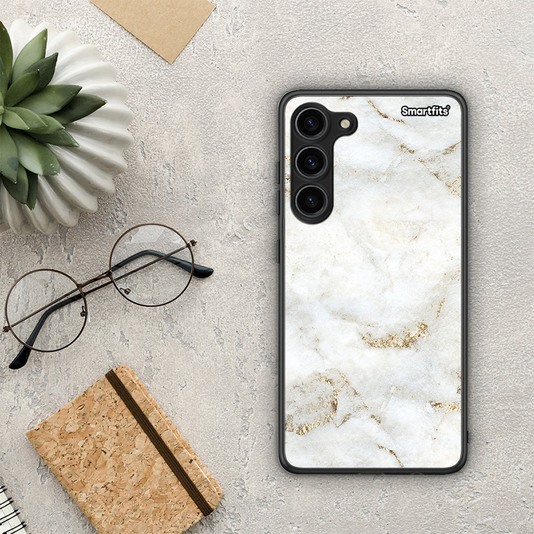 Θήκη Samsung Galaxy S23 Plus White Gold Marble από τη Smartfits με σχέδιο στο πίσω μέρος και μαύρο περίβλημα | Samsung Galaxy S23 Plus White Gold Marble Case with Colorful Back and Black Bezels