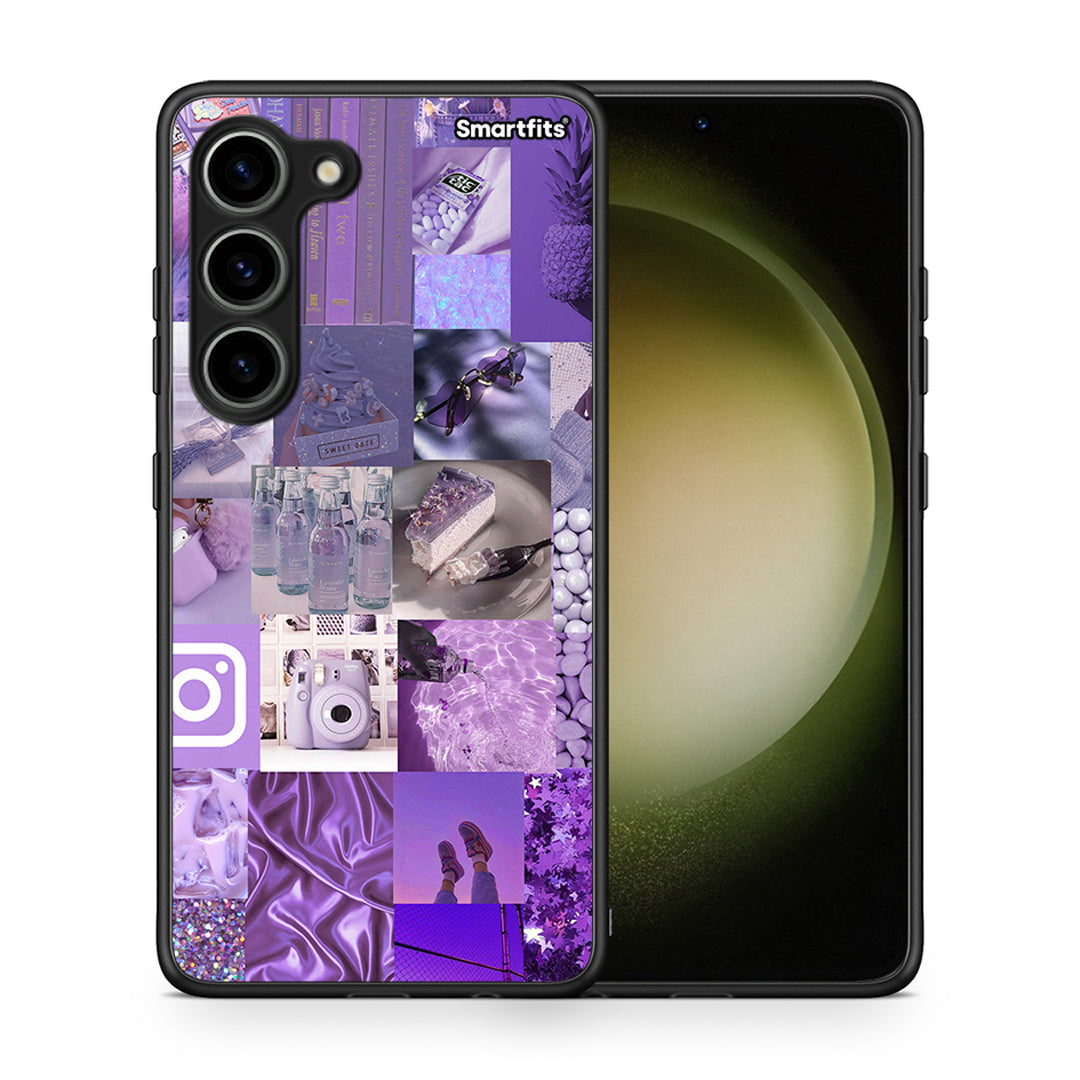 Θήκη Samsung Galaxy S23 Purple Aesthetic Collage από τη Smartfits με σχέδιο στο πίσω μέρος και μαύρο περίβλημα | Samsung Galaxy S23 Purple Aesthetic Collage Case with Colorful Back and Black Bezels