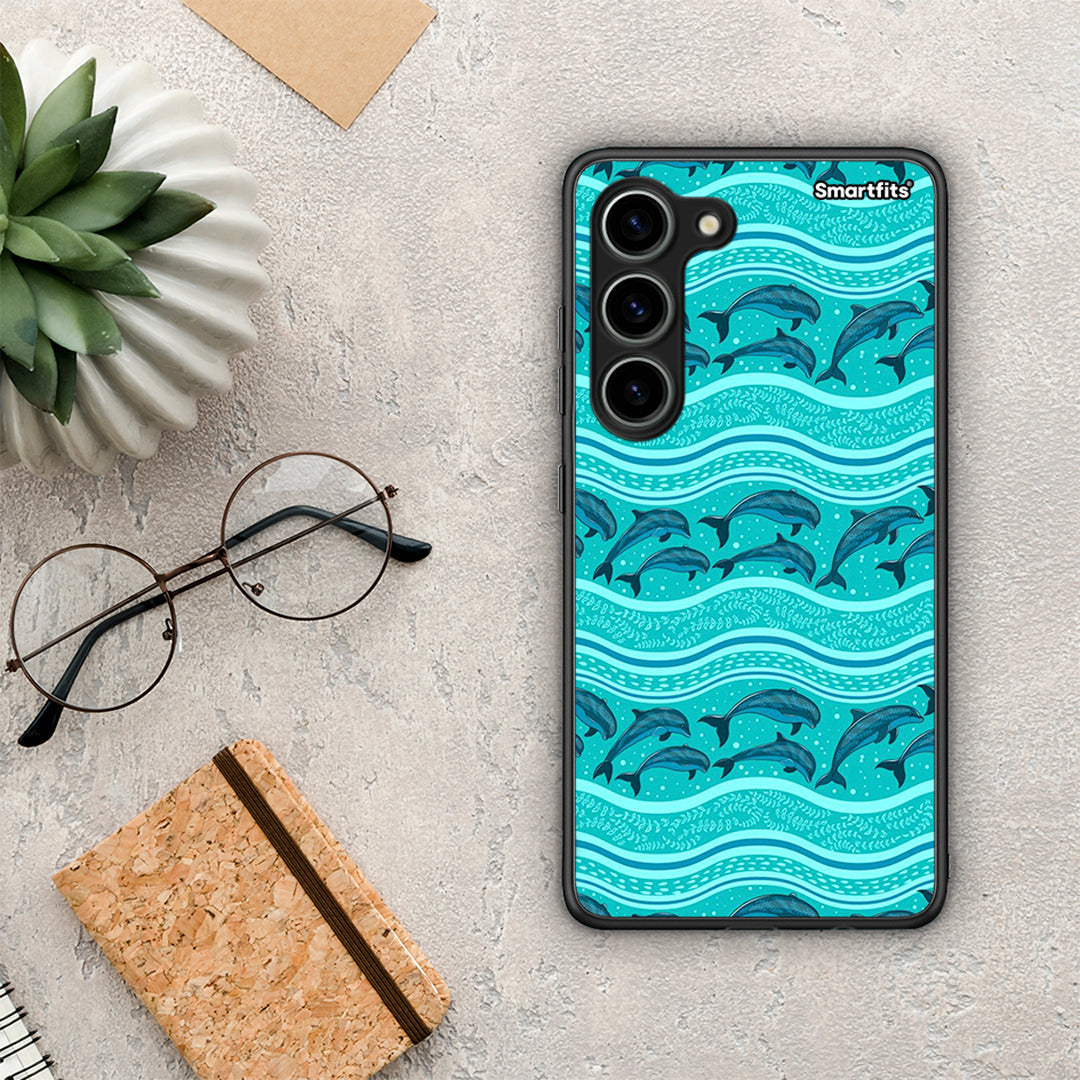 Θήκη Samsung Galaxy S23 Swimming Dolphins από τη Smartfits με σχέδιο στο πίσω μέρος και μαύρο περίβλημα | Samsung Galaxy S23 Swimming Dolphins Case with Colorful Back and Black Bezels