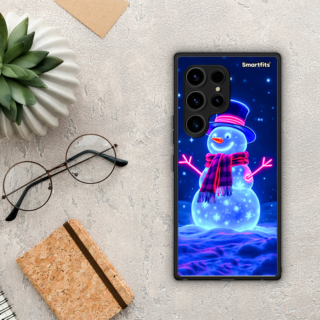 Θήκη Samsung Galaxy S23 Ultra Christmas Neon Snowman από τη Smartfits με σχέδιο στο πίσω μέρος και μαύρο περίβλημα | Samsung Galaxy S23 Ultra Christmas Neon Snowman Case with Colorful Back and Black Bezels