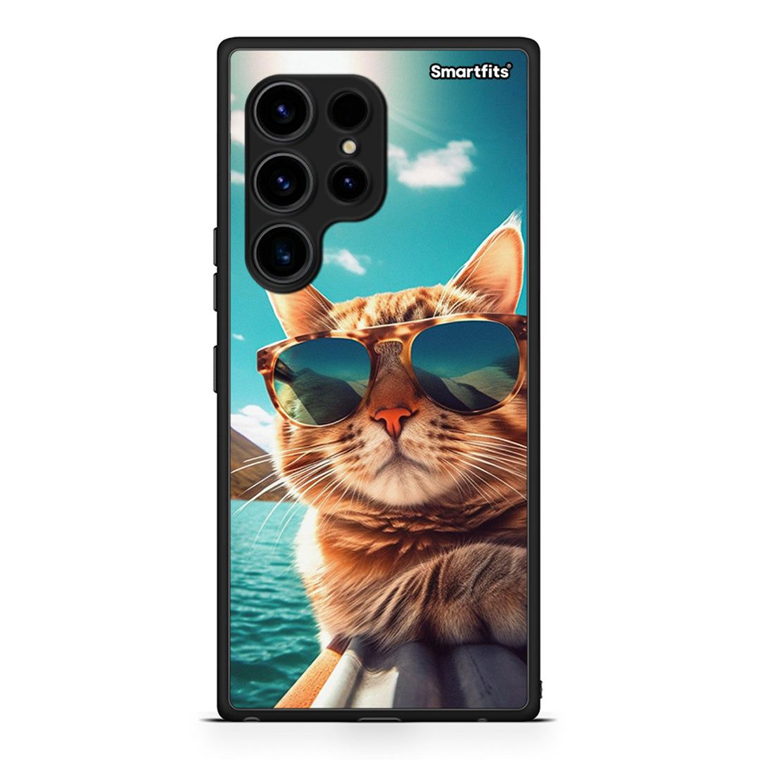 Θήκη Samsung Galaxy S23 Ultra Summer Cat από τη Smartfits με σχέδιο στο πίσω μέρος και μαύρο περίβλημα | Samsung Galaxy S23 Ultra Summer Cat Case with Colorful Back and Black Bezels