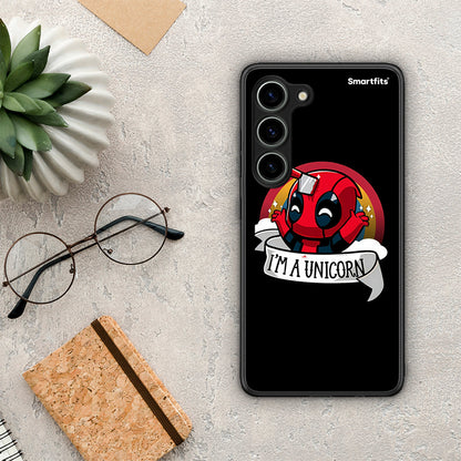 Θήκη Samsung Galaxy S23 Unicorn Deadpool από τη Smartfits με σχέδιο στο πίσω μέρος και μαύρο περίβλημα | Samsung Galaxy S23 Unicorn Deadpool Case with Colorful Back and Black Bezels