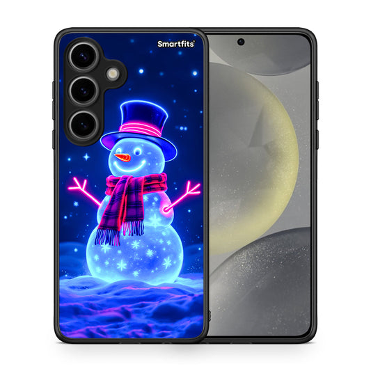 Θήκη Samsung Galaxy S24 Christmas Neon Snowman από τη Smartfits με σχέδιο στο πίσω μέρος και μαύρο περίβλημα | Samsung Galaxy S24 Christmas Neon Snowman case with colorful back and black bezels