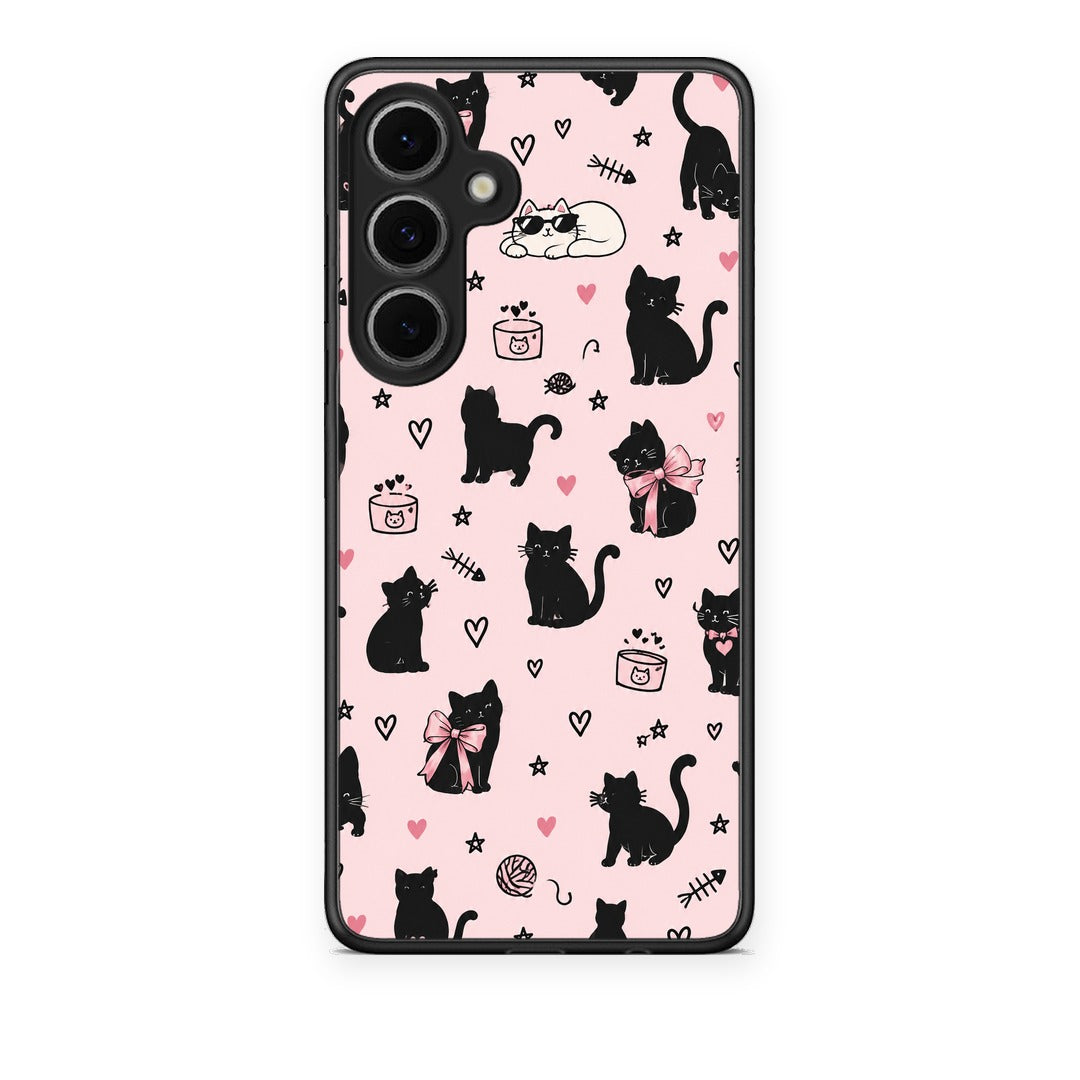 Θήκη Samsung Galaxy S24 FE Black Cat Doodles on Pink από τη Smartfits με σχέδιο στο πίσω μέρος και μαύρο περίβλημα | Samsung Galaxy S24 FE Black Cat Doodles on Pink case with colorful back and black bezels