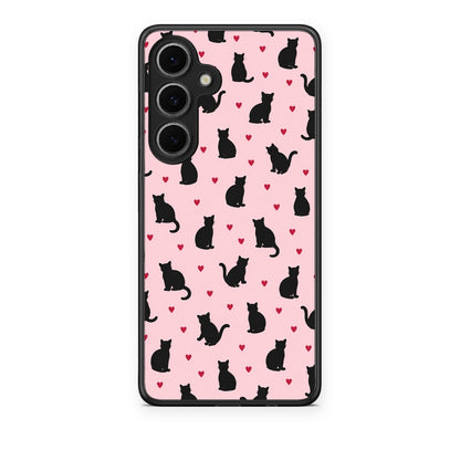 Θήκη Samsung Galaxy S24 FE Black Cat Silhouettes and Hearts on Pink από τη Smartfits με σχέδιο στο πίσω μέρος και μαύρο περίβλημα | Samsung Galaxy S24 FE Black Cat Silhouettes and Hearts on Pink case with colorful back and black bezels