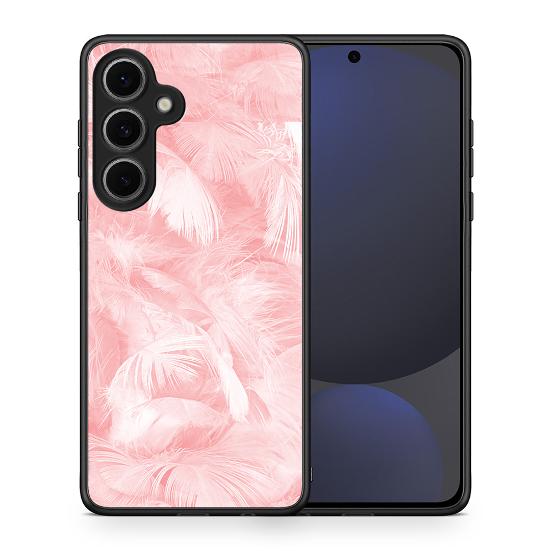 Θήκη Samsung Galaxy S24 FE Pink Feather Boho από τη Smartfits με σχέδιο στο πίσω μέρος και μαύρο περίβλημα | Samsung Galaxy S24 FE Pink Feather Boho case with colorful back and black bezels