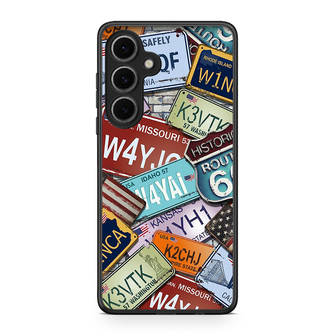 Samsung Galaxy S24 FE Car Plates θήκη από τη Smartfits με σχέδιο στο πίσω μέρος και μαύρο περίβλημα | Smartphone case with colorful back and black bezels by Smartfits