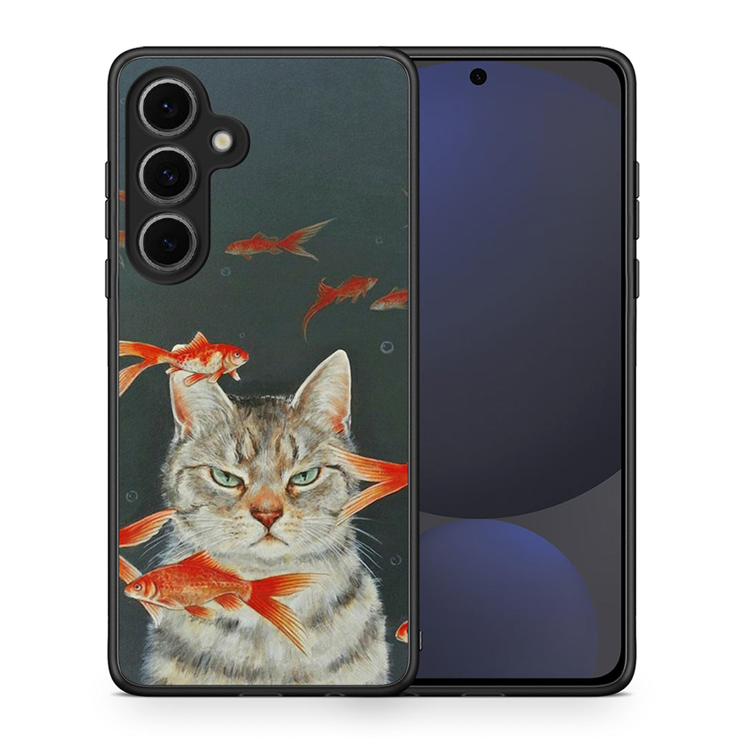 Θήκη Samsung Galaxy S24 FE Cat Goldfish από τη Smartfits με σχέδιο στο πίσω μέρος και μαύρο περίβλημα | Samsung Galaxy S24 FE Cat Goldfish case with colorful back and black bezels