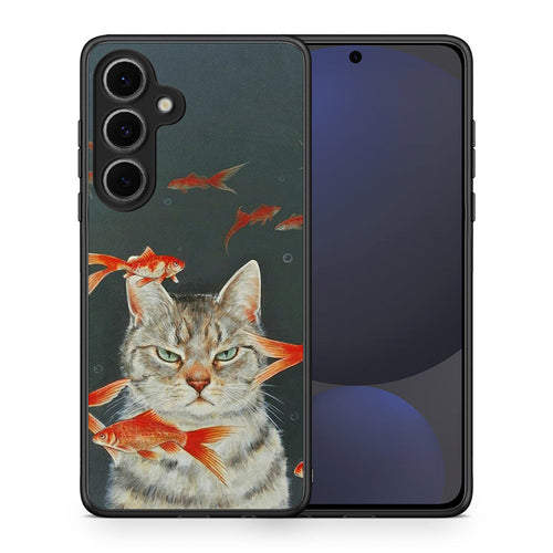 Θήκη Samsung Galaxy S24 FE Cat Goldfish από τη Smartfits με σχέδιο στο πίσω μέρος και μαύρο περίβλημα | Samsung Galaxy S24 FE Cat Goldfish case with colorful back and black bezels