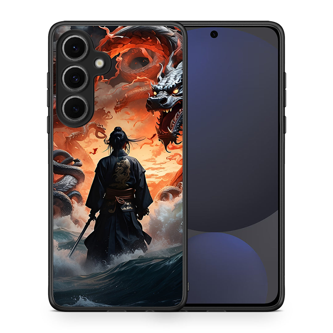 Θήκη Samsung Galaxy S24 FE Dragons Fight από τη Smartfits με σχέδιο στο πίσω μέρος και μαύρο περίβλημα | Samsung Galaxy S24 FE Dragons Fight case with colorful back and black bezels