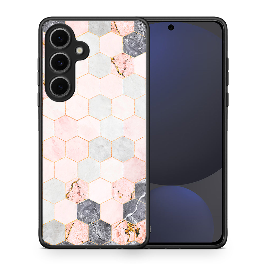 Θήκη Samsung Galaxy S24 FE Hexagon Pink Marble από τη Smartfits με σχέδιο στο πίσω μέρος και μαύρο περίβλημα | Samsung Galaxy S24 FE Hexagon Pink Marble case with colorful back and black bezels