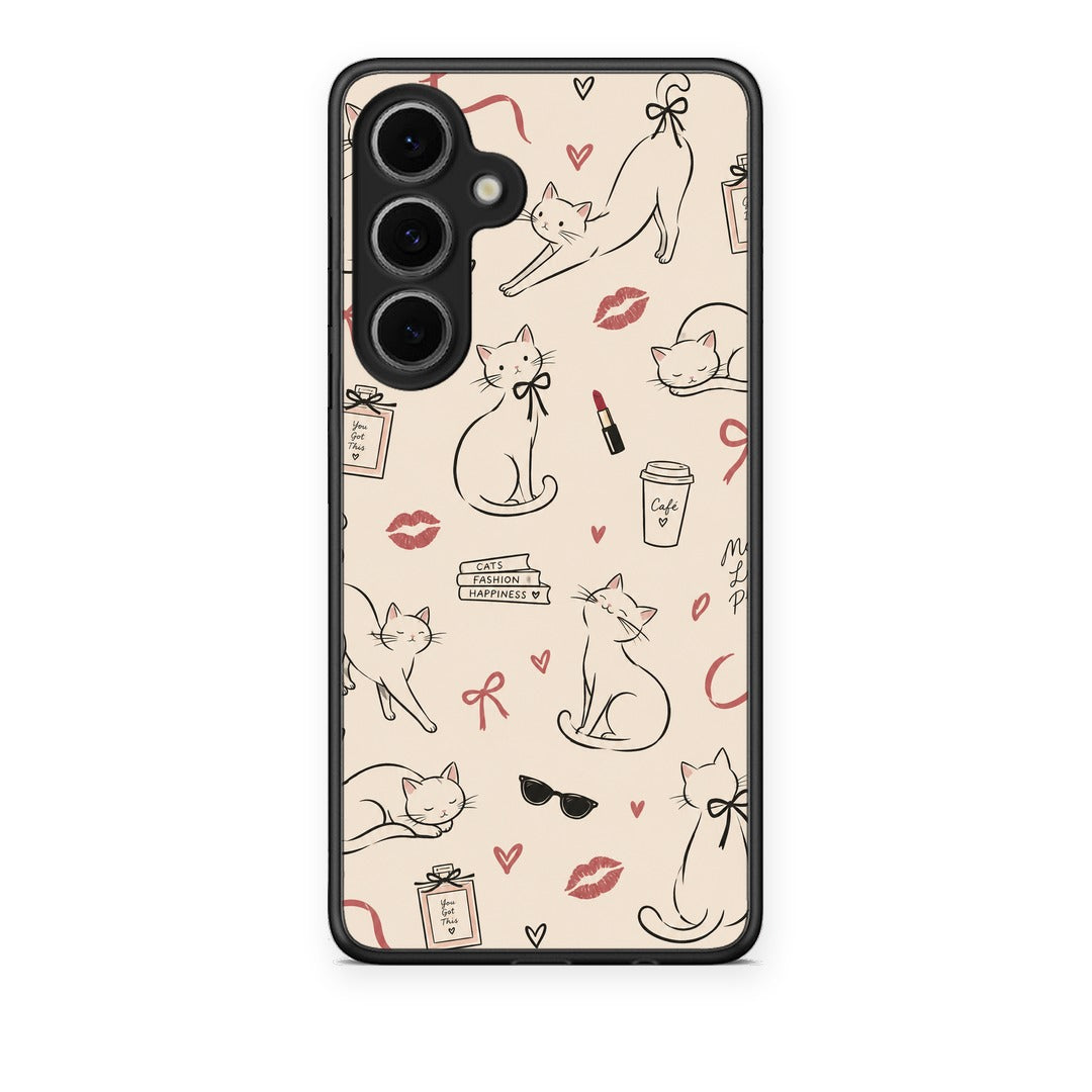 Θήκη Samsung Galaxy S24 FE Minimal Cat and Fashion Doodles on Cream από τη Smartfits με σχέδιο στο πίσω μέρος και μαύρο περίβλημα | Samsung Galaxy S24 FE Minimal Cat and Fashion Doodles on Cream case with colorful back and black bezels