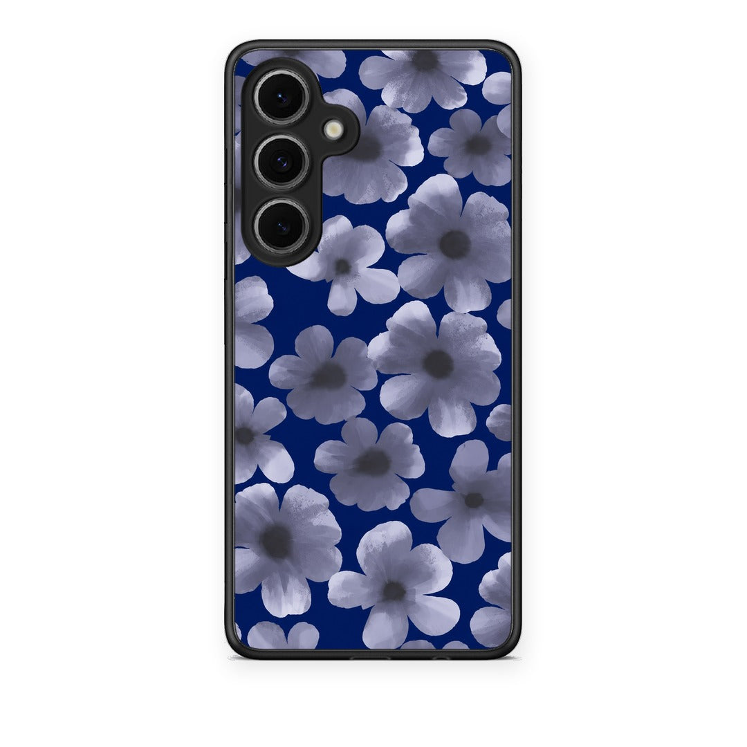 Θήκη Samsung Galaxy S24 FE Pale Blue Flowers on Navy από τη Smartfits με σχέδιο στο πίσω μέρος και μαύρο περίβλημα | Samsung Galaxy S24 FE Pale Blue Flowers on Navy case with colorful back and black bezels
