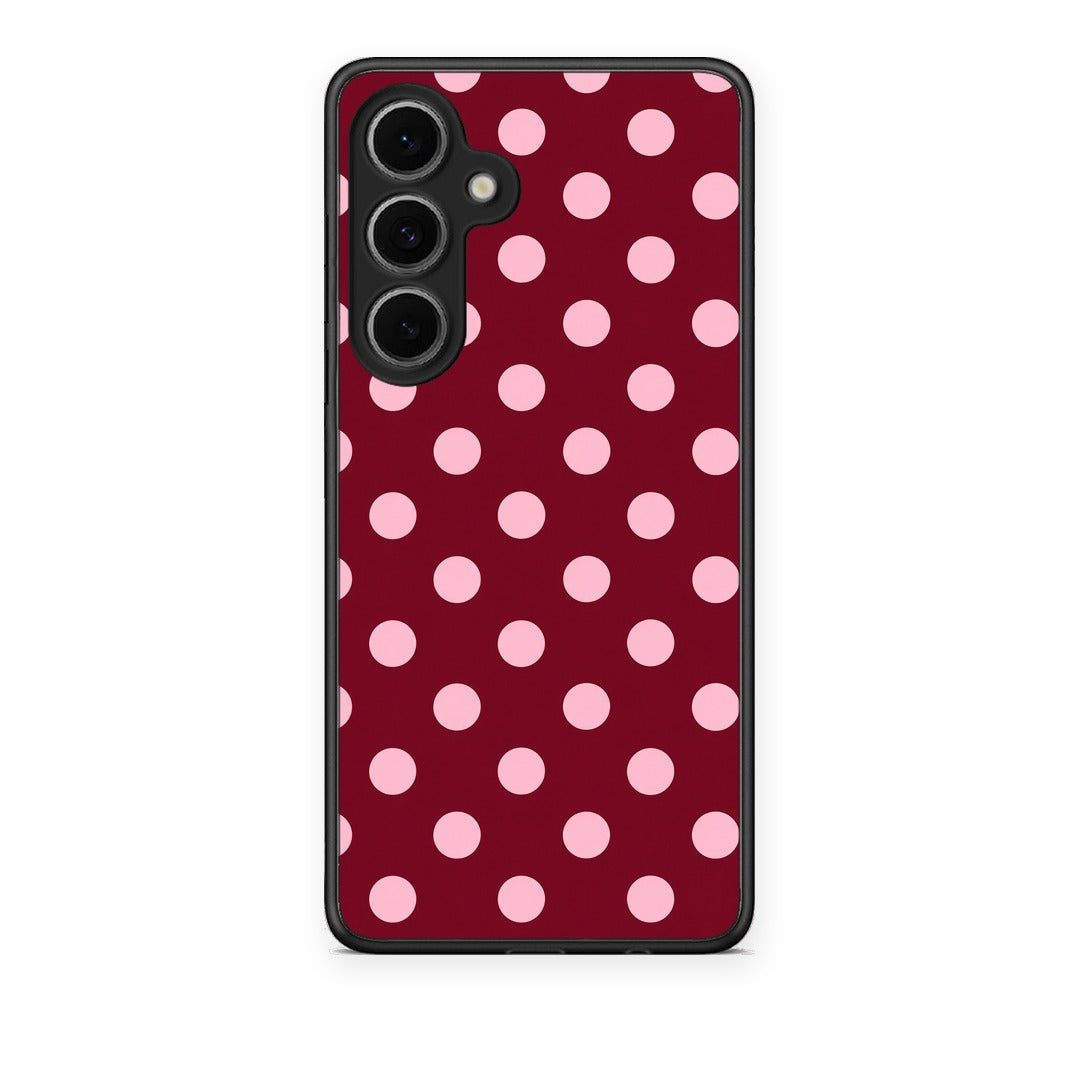 Θήκη Samsung Galaxy S24 FE Pink Polka Dots on Burgundy από τη Smartfits με σχέδιο στο πίσω μέρος και μαύρο περίβλημα | Samsung Galaxy S24 FE Pink Polka Dots on Burgundy case with colorful back and black bezels