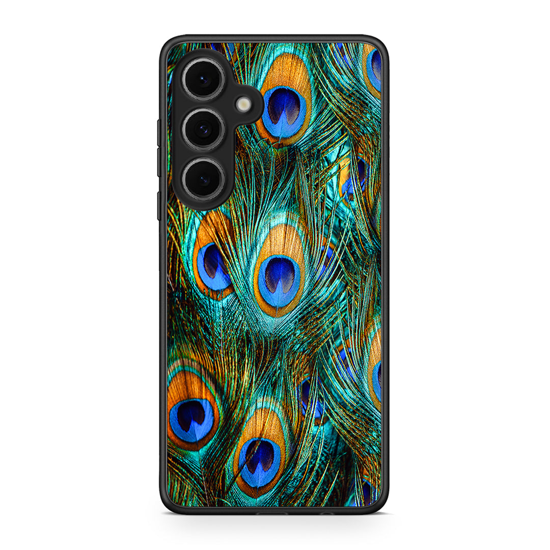 Samsung Galaxy S24 FE Real Peacock Feathers θήκη από τη Smartfits με σχέδιο στο πίσω μέρος και μαύρο περίβλημα | Smartphone case with colorful back and black bezels by Smartfits