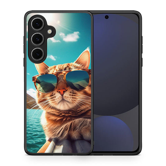 Θήκη Samsung Galaxy S24 FE Summer Cat από τη Smartfits με σχέδιο στο πίσω μέρος και μαύρο περίβλημα | Samsung Galaxy S24 FE Summer Cat case with colorful back and black bezels