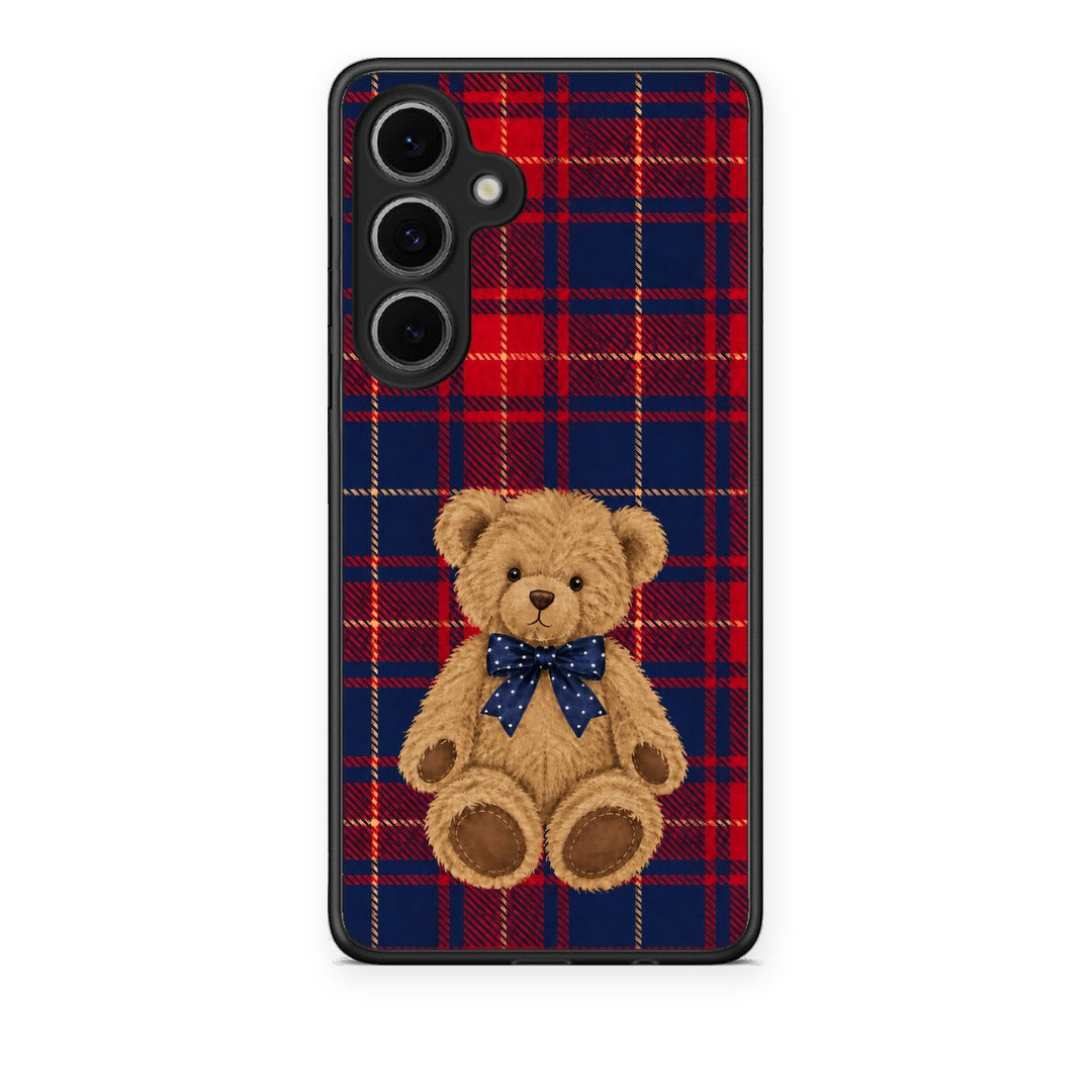 Θήκη Samsung Galaxy S24 FE Teddy Bear on Red and Navy Tartan από τη Smartfits με σχέδιο στο πίσω μέρος και μαύρο περίβλημα | Samsung Galaxy S24 FE Teddy Bear on Red and Navy Tartan case with colorful back and black bezels