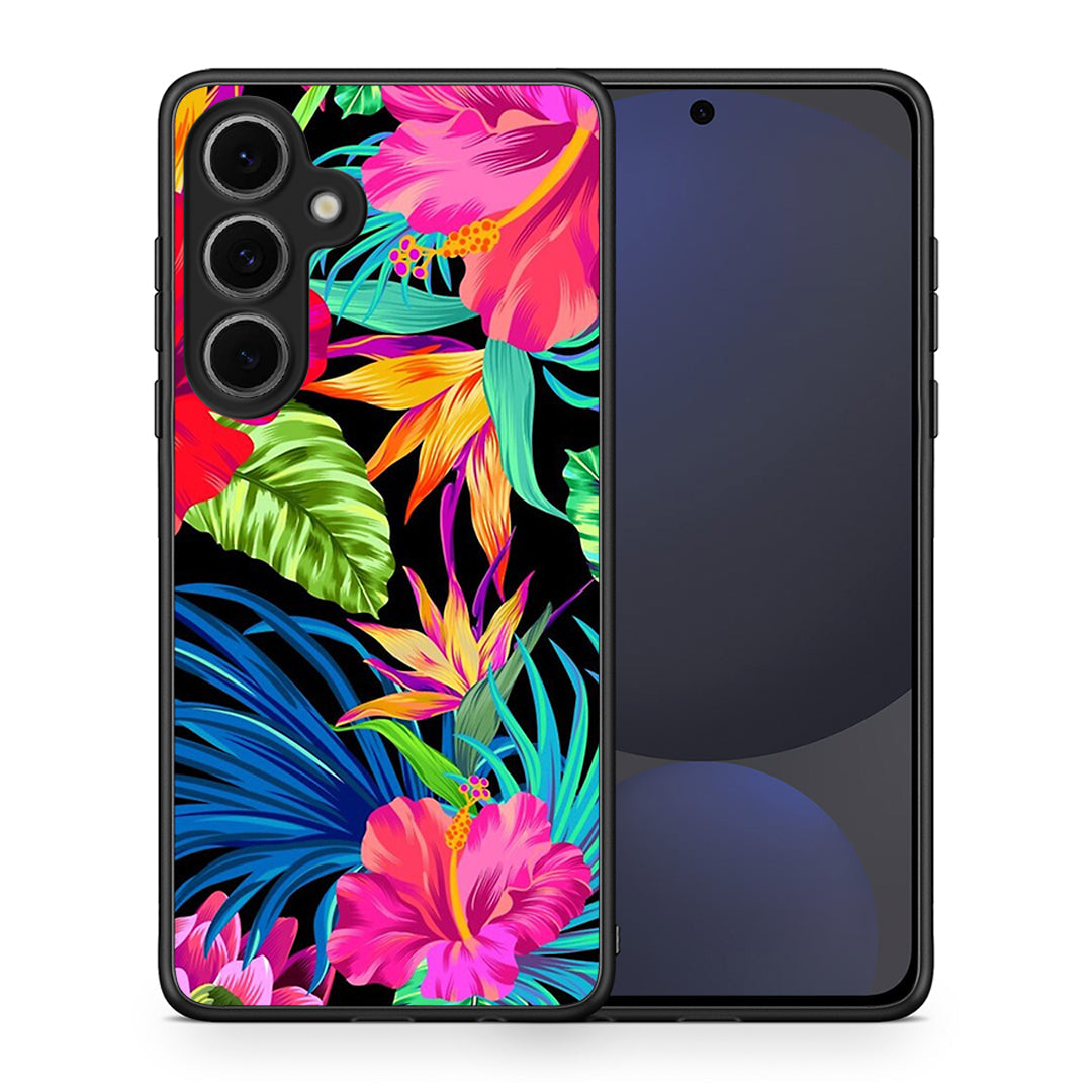 Θήκη Samsung Galaxy S24 FE Tropical Flowers από τη Smartfits με σχέδιο στο πίσω μέρος και μαύρο περίβλημα | Samsung Galaxy S24 FE Tropical Flowers case with colorful back and black bezels