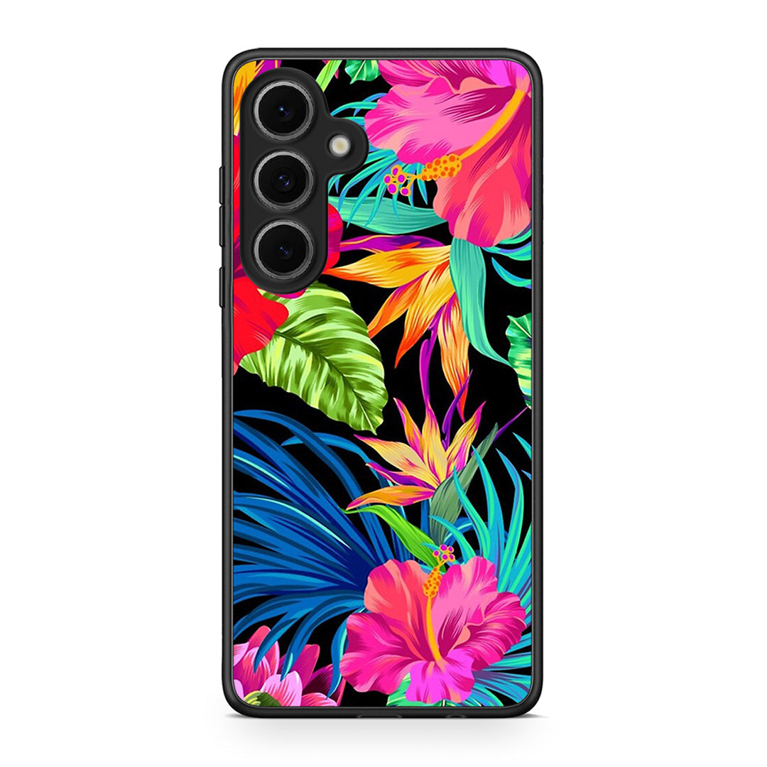 Samsung Galaxy S24 FE Tropical Flowers θήκη από τη Smartfits με σχέδιο στο πίσω μέρος και μαύρο περίβλημα | Smartphone case with colorful back and black bezels by Smartfits