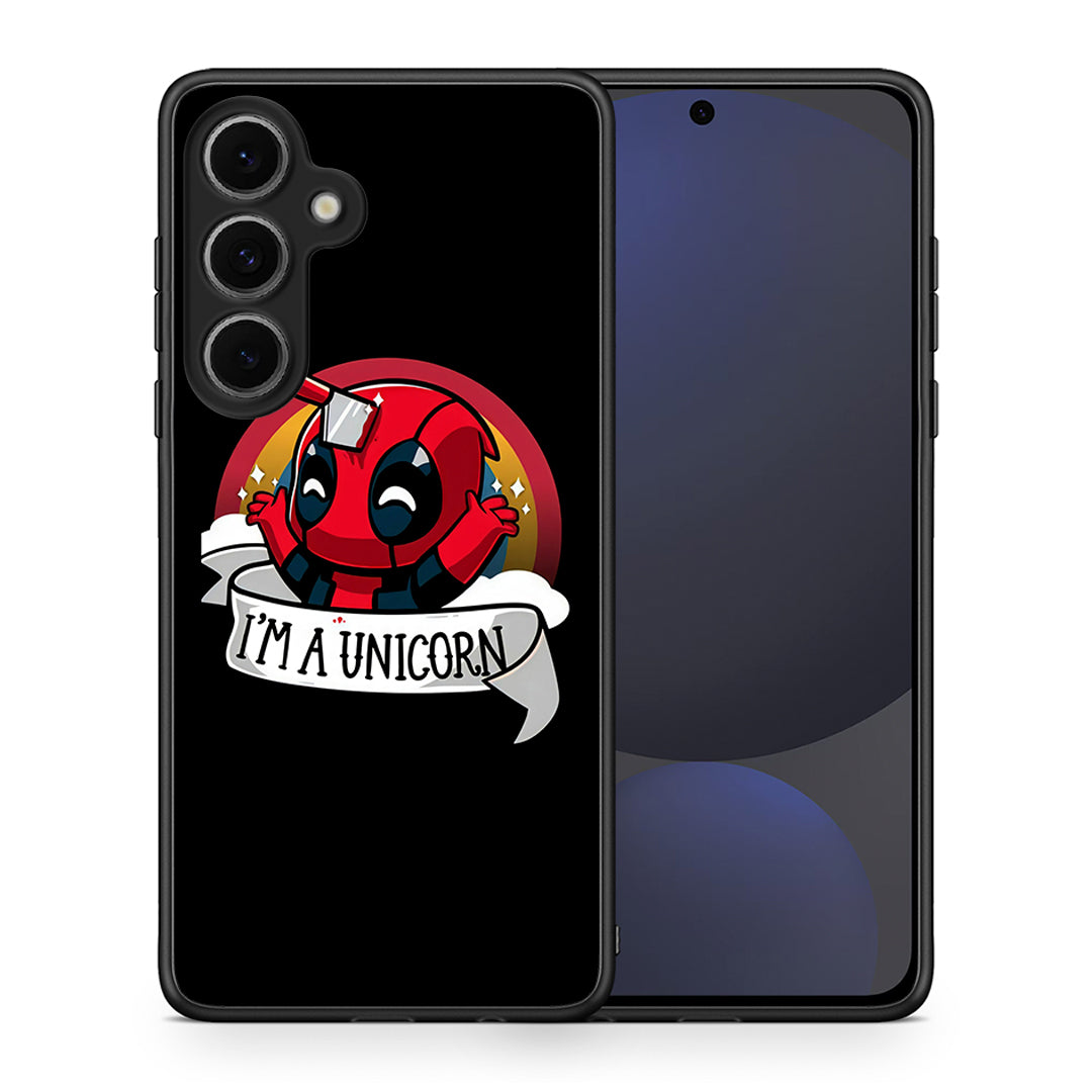 Θήκη Samsung Galaxy S24 FE Unicorn Deadpool από τη Smartfits με σχέδιο στο πίσω μέρος και μαύρο περίβλημα | Samsung Galaxy S24 FE Unicorn Deadpool case with colorful back and black bezels